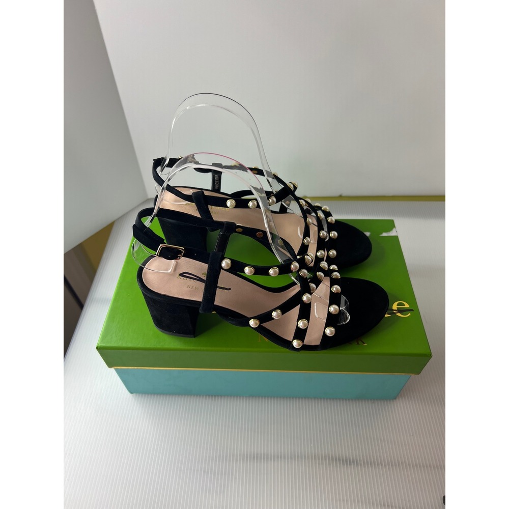 Kate Spade Wynne Black Suede Pearl Embellished Block Heel Sandals Women's Size 8